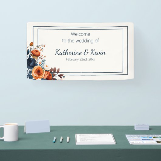 Modern Navy Blue en Burnt Sinaasappel bruiloft Spandoek (Beurs)