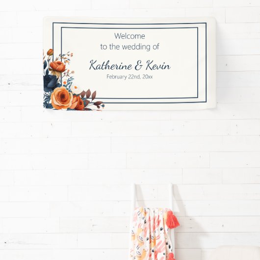 Modern Navy Blue en Burnt Sinaasappel bruiloft Spandoek (Insitu)