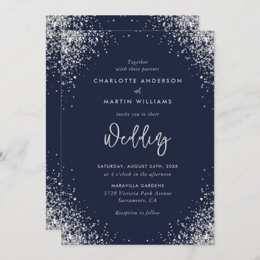 Modern Navy Blue en Silver Glitter Wedding Kaart (Voorkant / Achterkant)