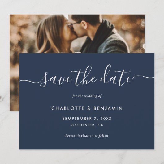 Modern Navy Blue en Silver Photo Wedding Aankondiging (Voorkant / Achterkant)