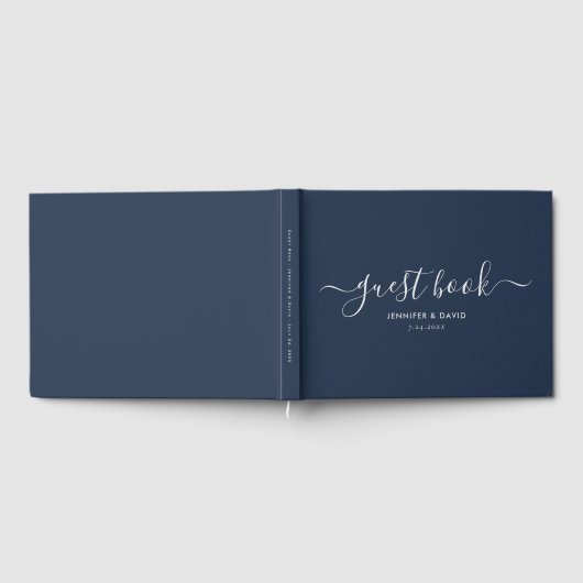 Modern Navy Blue en Silver Script Wedding Gastenboek (Volledig)