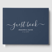 Modern Navy Blue en Silver Script Wedding Gastenboek (Voorkant)
