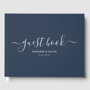 Modern Navy Blue en Silver Script Wedding Gastenboek