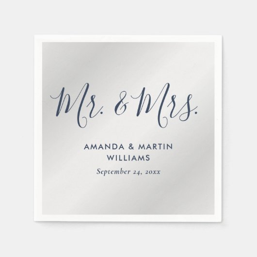 Modern Navy Blue en Silver Script Wedding Servet (Voorkant)
