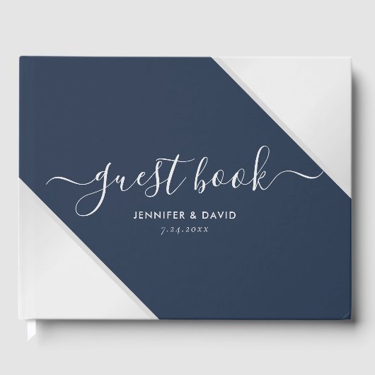 Modern Navy Blue en Silver Wedding Gastenboek (Voorkant)