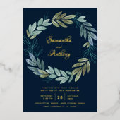 Modern Navy Blue Floral Wedding Folie Uitnodiging (Voorkant)