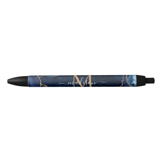 Modern Navy Blue Gold Agate Geode Chic Monogram Zwarte Inkt Pen (Voorkant)