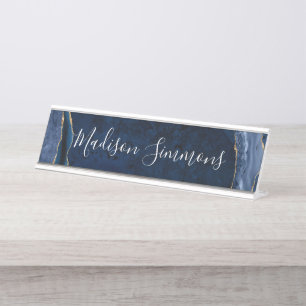Modern Navy Blue Gold Agate Geode Feminine Script Bureau Naambordje