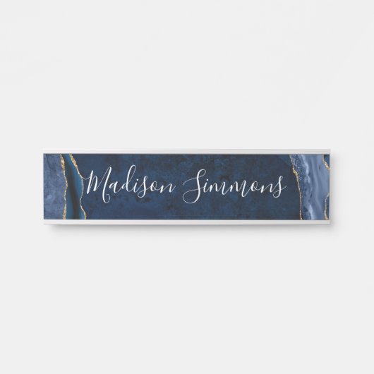Modern Navy Blue Gold Agate Geode Feminine Script Deurbordje (Voorkant)