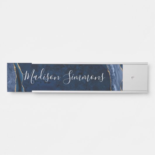 Modern Navy Blue Gold Agate Geode Feminine Script Deurbordje (Voorkant)
