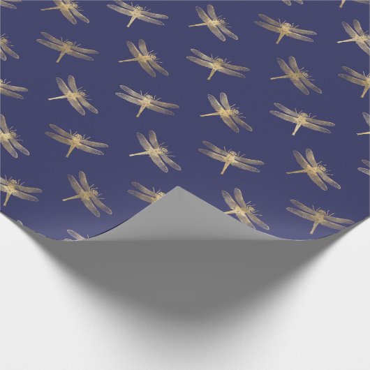 Modern Navy Blue Gold Dragonfly Pattern Cadeaupapier (Hoek)