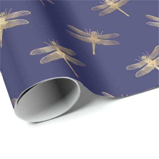 Modern Navy Blue Gold Dragonfly Pattern Cadeaupapier (Rol Hoek)