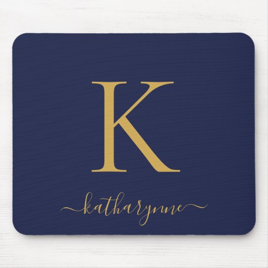 Modern Navy Blue Gold Monogram Script Muismat (Voorkant)