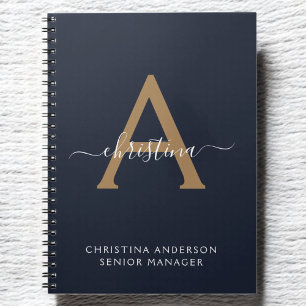 Modern Navy Blue Gold Monogram Script Naam Initiaa Notitieboek