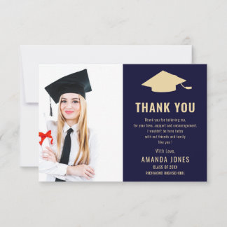Modern Navy Blue Gold Photo Afstuderen Bedankkaart