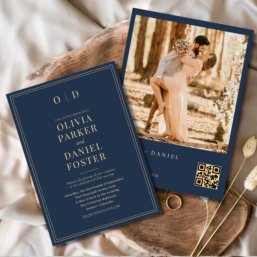 Modern Navy Blue Gold Photo QR Code Wedding Kaart