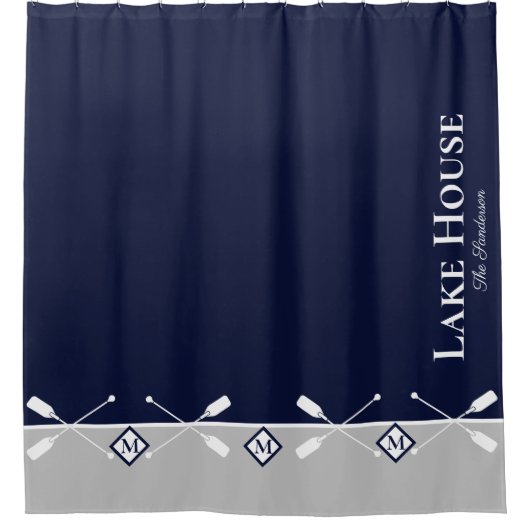 Modern Navy Blue Gray Monogram Lake House Nautical Douchegordijn (Voorkant)