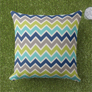 Modern Navy Blue Green en Gray Chevron Buitenkussen