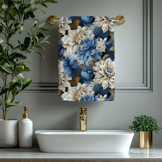 Modern Navy Blue Ivory Gold Floral Bath Towel Bad Handdoek