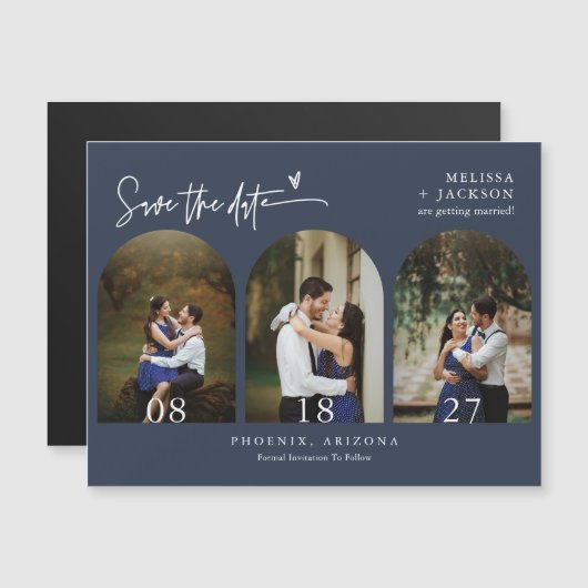 Modern Navy Blue Minimal Save the Date Arch Photo (Voorkant / Achterkant)