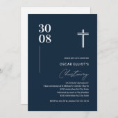 Modern Navy Blue Minimalist Boy Christening Kaart (Voorkant / Achterkant)