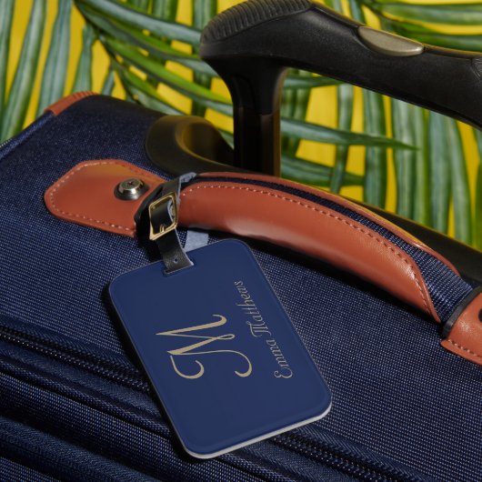 Modern Navy Blue Monogram Naam Reis Vakantie Bagagelabel (Voorkant Insitu 1)