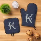 Modern Navy Blue Monogram script Ovenwant & Pannenlap Set (Top down)
