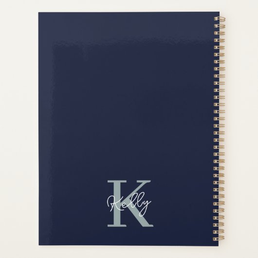 Modern Navy Blue Monogram script Planner (Achterkant)