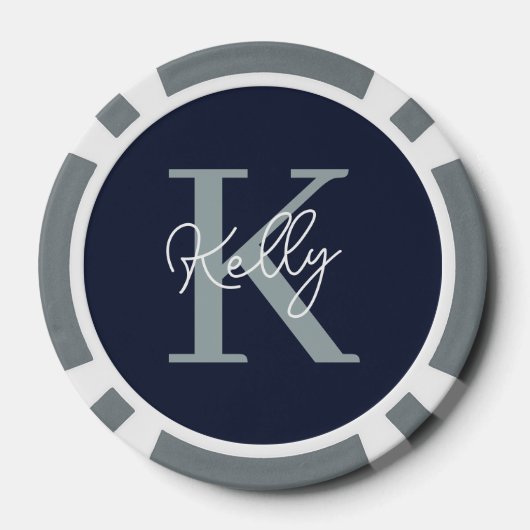 Modern Navy Blue Monogram script Poker Chips (Achterkant)