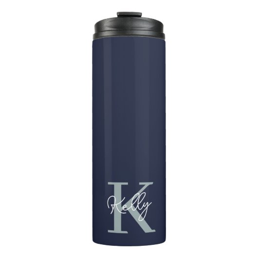 Modern Navy Blue Monogram script Thermosbeker (Voorkant)
