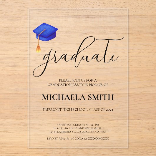 Modern Navy Blue Pet High School afstudeerfeest Acryl Uitnodigingen (Voorkant)