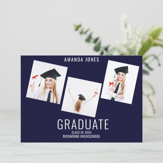 Modern Navy Blue Photo Collage Afstuderen Aankondiging (Staand voorkant)