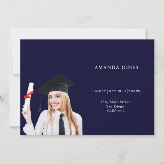 Modern Navy Blue Photo Collage Afstuderen Aankondiging (Achterkant)