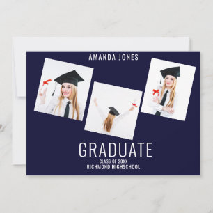 Modern Navy Blue Photo Collage Afstuderen Aankondiging