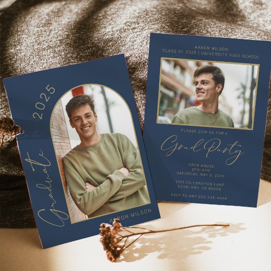 Modern Navy Blue Photo Graduation Party Kaart