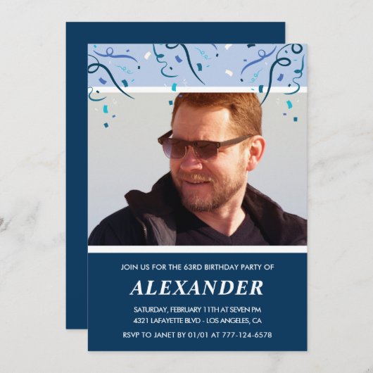 Modern Navy Blue Photo Man 63ste verjaardag Kaart (Voorkant / Achterkant)