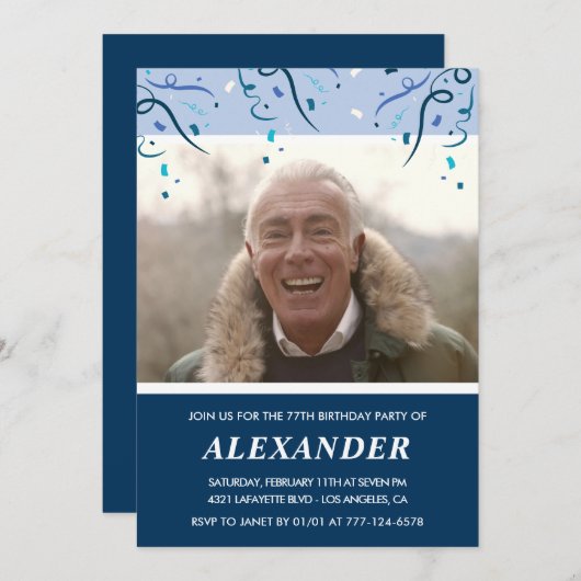 Modern Navy Blue Photo Man 77e verjaardag Kaart (Voorkant / Achterkant)