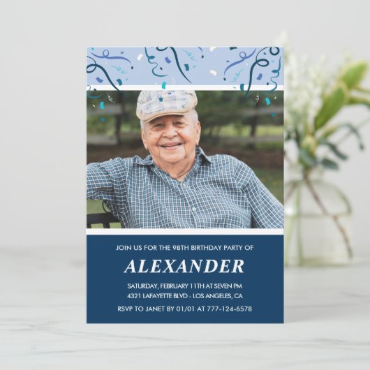 Modern Navy Blue Photo Man 98ste verjaardag Kaart (Staand voorkant)