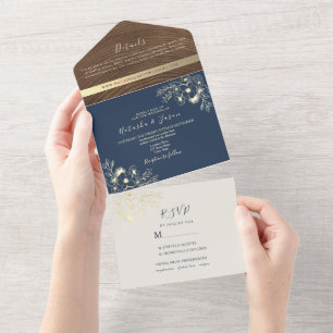 Modern Navy Blue Photo Wedding All In One Uitnodiging