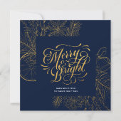 Modern Navy Blue Pine Bough Floral Gold Script Feestdagenkaart (Voorkant)