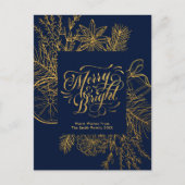 Modern Navy Blue Pine Bough Floral Gold Script Feestdagenkaart (Voorkant)