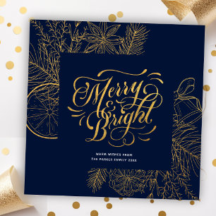 Modern Navy Blue Pine Bough Floral Gold Script Feestdagenkaart