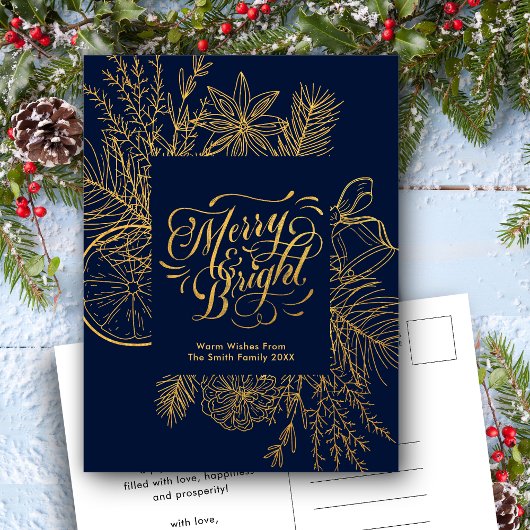 Modern Navy Blue Pine Bough Floral Gold Script Feestdagenkaart