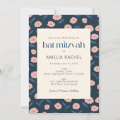 Modern Navy Blue Pink Boho Floral Bat Mitzvah Kaart (Voorkant)