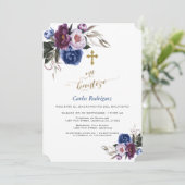 Modern Navy Blue Purple Flowers Boy Mi Bautizo Kaart (Staand voorkant)