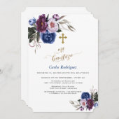 Modern Navy Blue Purple Flowers Boy Mi Bautizo Kaart (Voorkant / Achterkant)