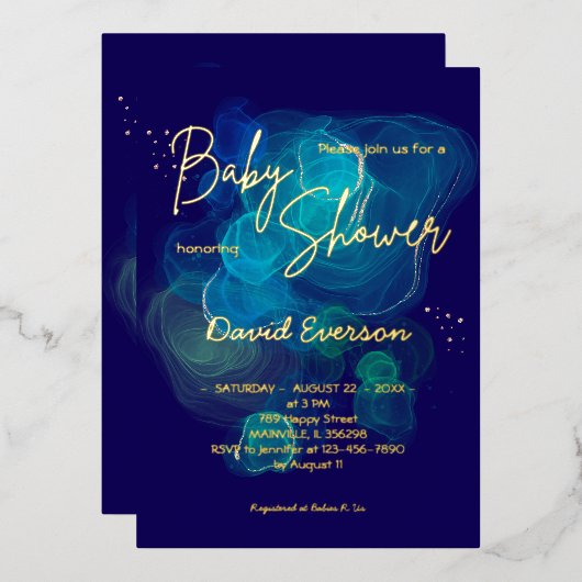 Modern Navy Blue Real Gold Folie Uitnodiging (Voorkant / Achterkant)