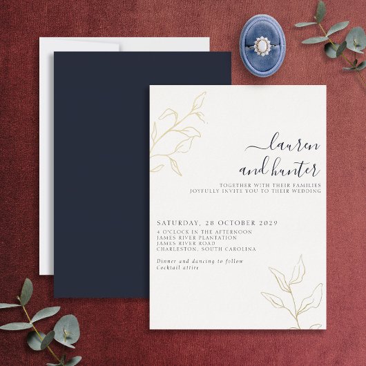 Modern Navy Blue Script Botanical Wedding Gold Folie Uitnodiging