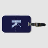 Modern Navy Blue Script Monogram Bagagelabel (Voorkant (horizontaal))