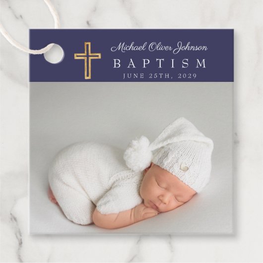 Modern Navy Blue Script Photo Baptisme Hartelijk d Bedankjes Labels (Voorkant)